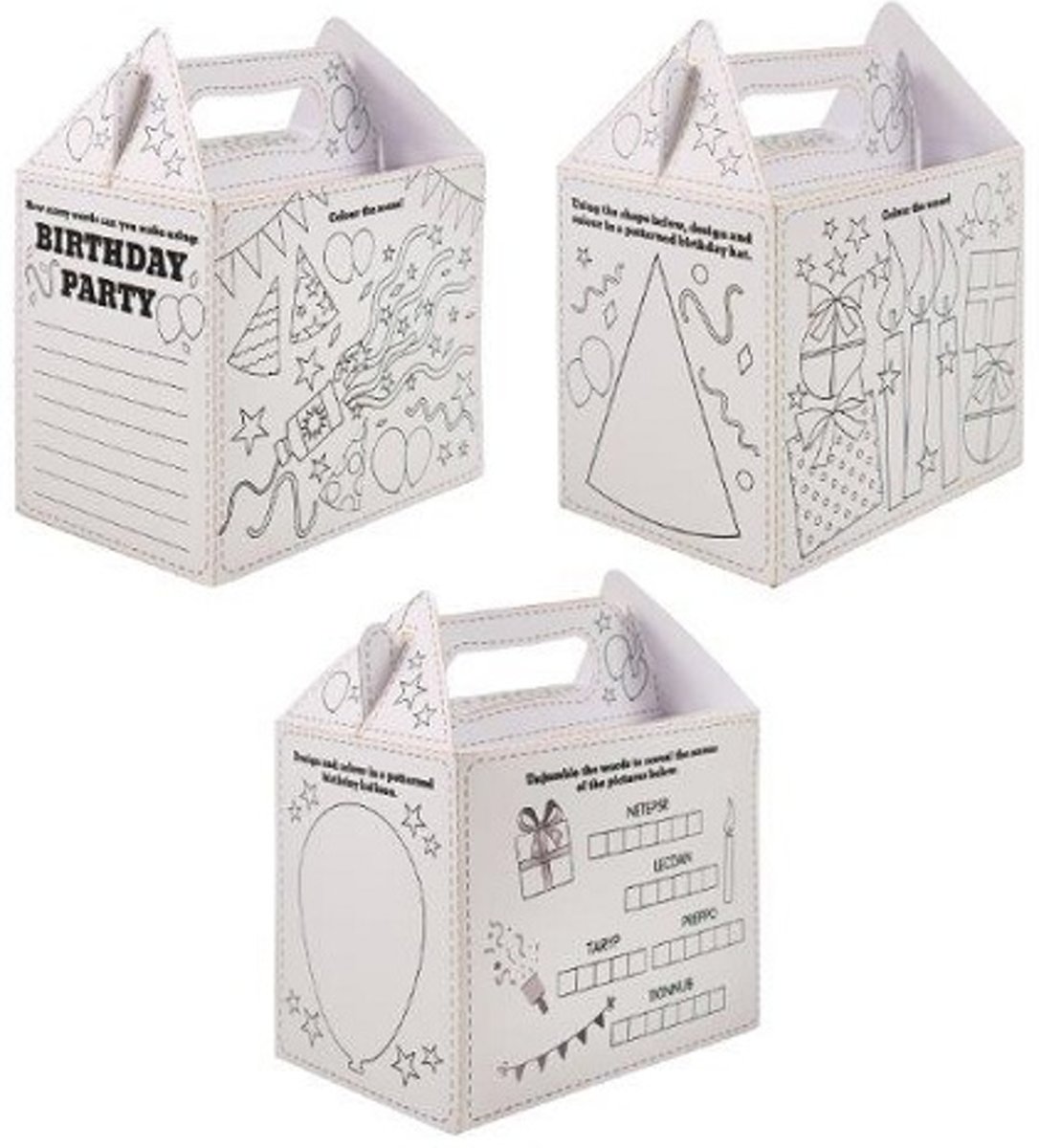 24 STUKS | Uitdeeldoosjes voor kinderfeestje, Model: HAPPY BIRTHDAY om ZELF in te kleuren | Traktatie Box | Menubox | Lunchbox | Jongens & Meisjes | Afm. 18x14x9.5 Cm. | (24 stuks)